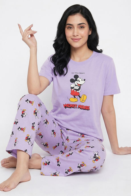 Zivame Mickey Mouse Knit Cotton Loungewear Set - Pastel Lilac — image 4